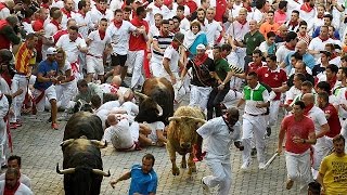 First bull run of San Fermin Festival in Pamplona [upl. by Wulfe]