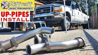 2001 F350 73  RiffRaff UpPipes Install  Stock up pipes leaking and falling apart JUNK SP [upl. by Mcclelland]